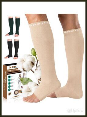 Open Toe Compression Socks 20-30mmHg Knee High Cotton Blend Copper Infused Tan